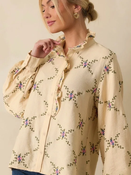 NEW Ivory Multi Floral Embroidered Long Sleeve Spring Blouse Medium - Picture 2 of 5